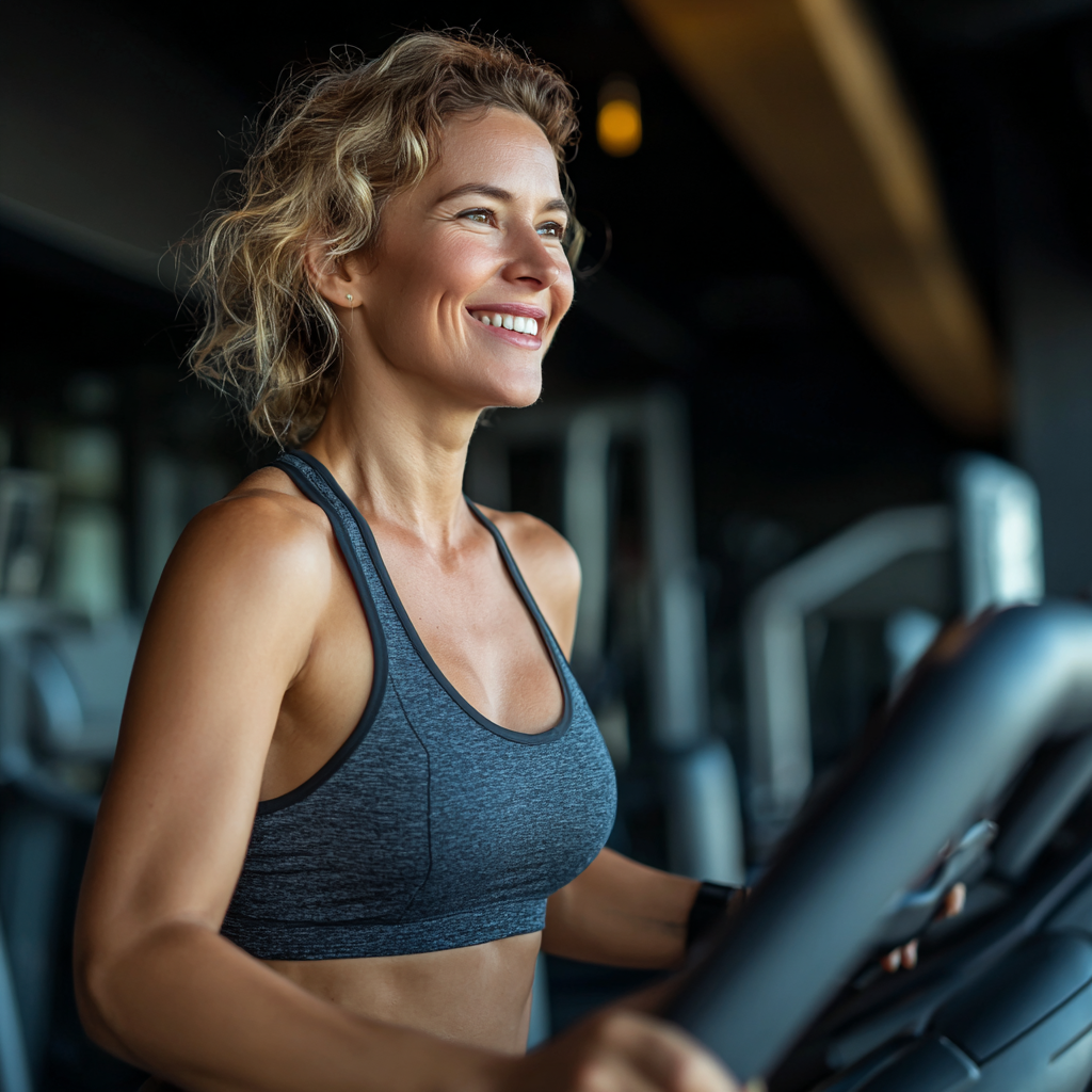 Smiling middle-aged Ukrainian woman in athletic wear doing strength exercises with resistance bands in a modern gym