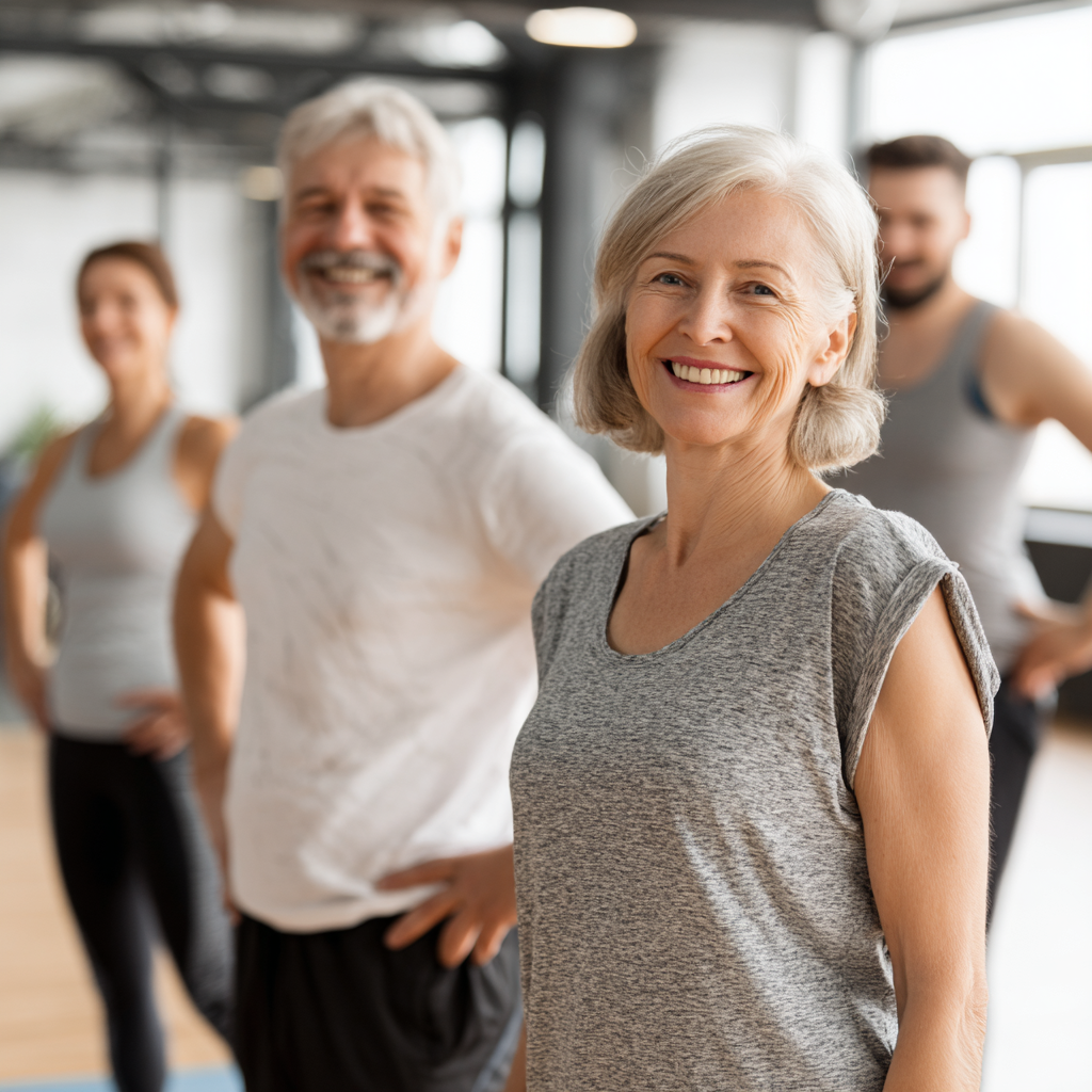 Group of smiling Ukrainian adults of different ages (30-60) participating in a functional fitness class with kettlebells and medicine balls