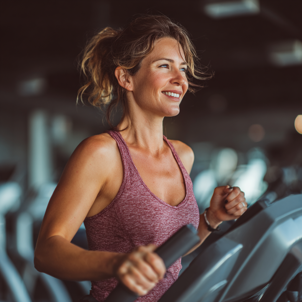 Happy Ukrainian man in his 50s demonstrating proper posture exercises in a home setting